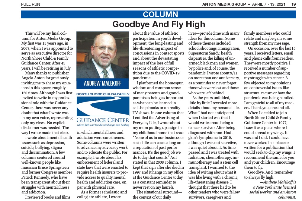 Goodbye and Fly High, By Andrew Malekoff, Anton Media, April 7, 2021
